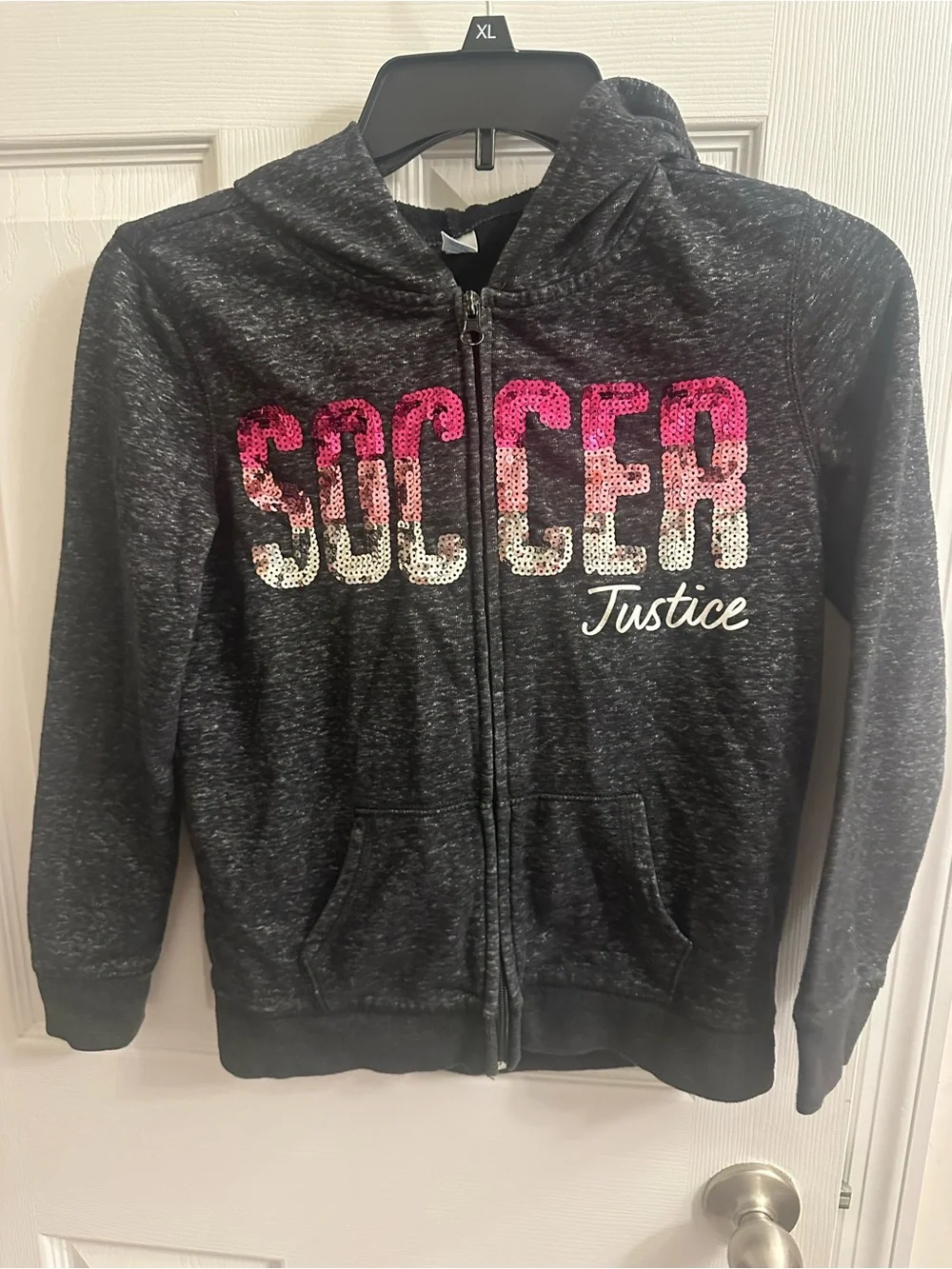 Justice Soccer Girls Size 8/10 Long Sleeve Full Zip Hooded Gray Sequin